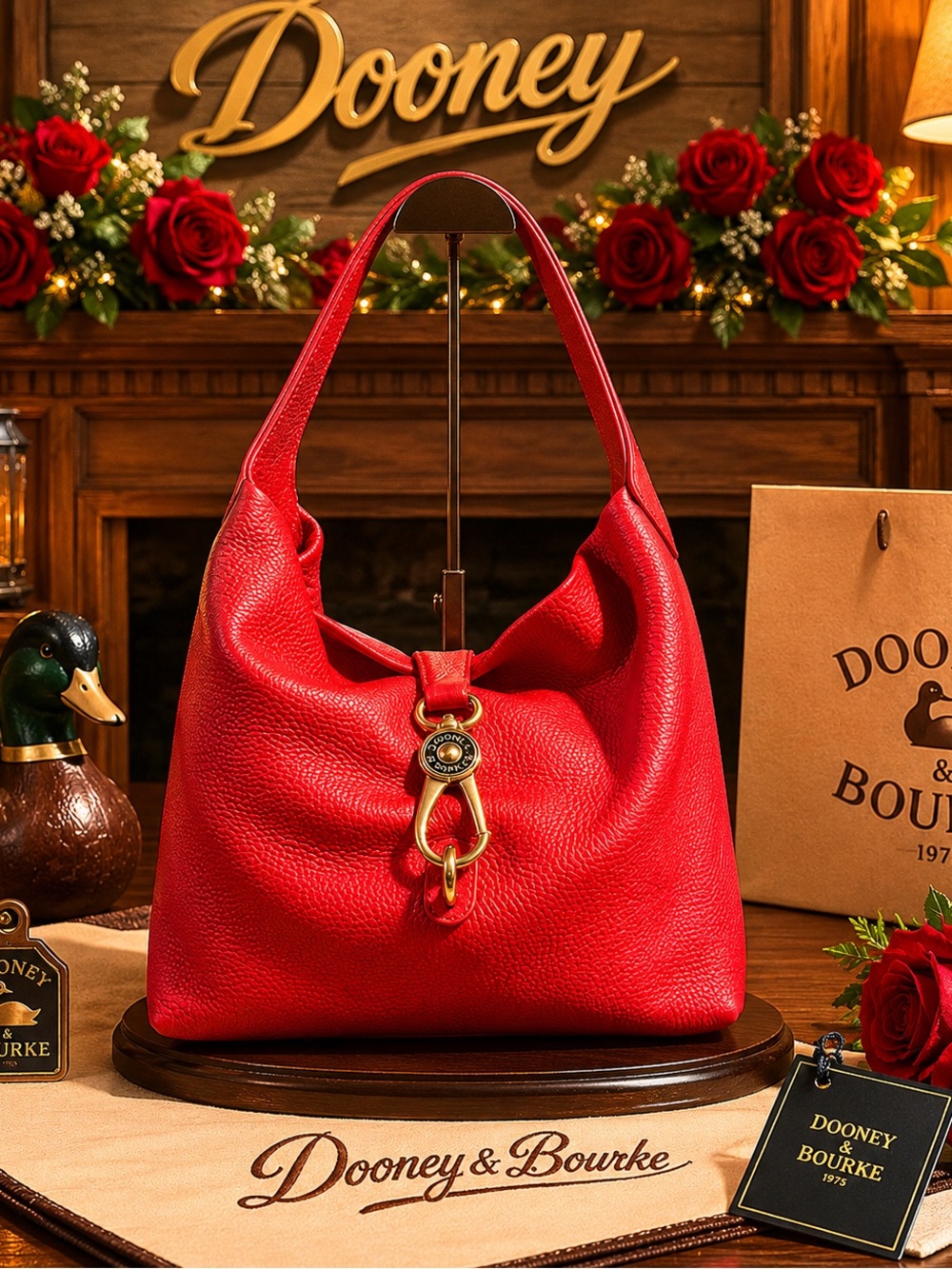 Dooney & Bourke Bold Red Pebbled Leather Hobo with Gold Accent